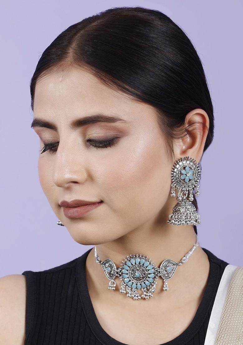 Silver Stone Studded Oxidised Necklace Set