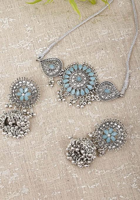 Silver Stone Studded Oxidised Necklace Set