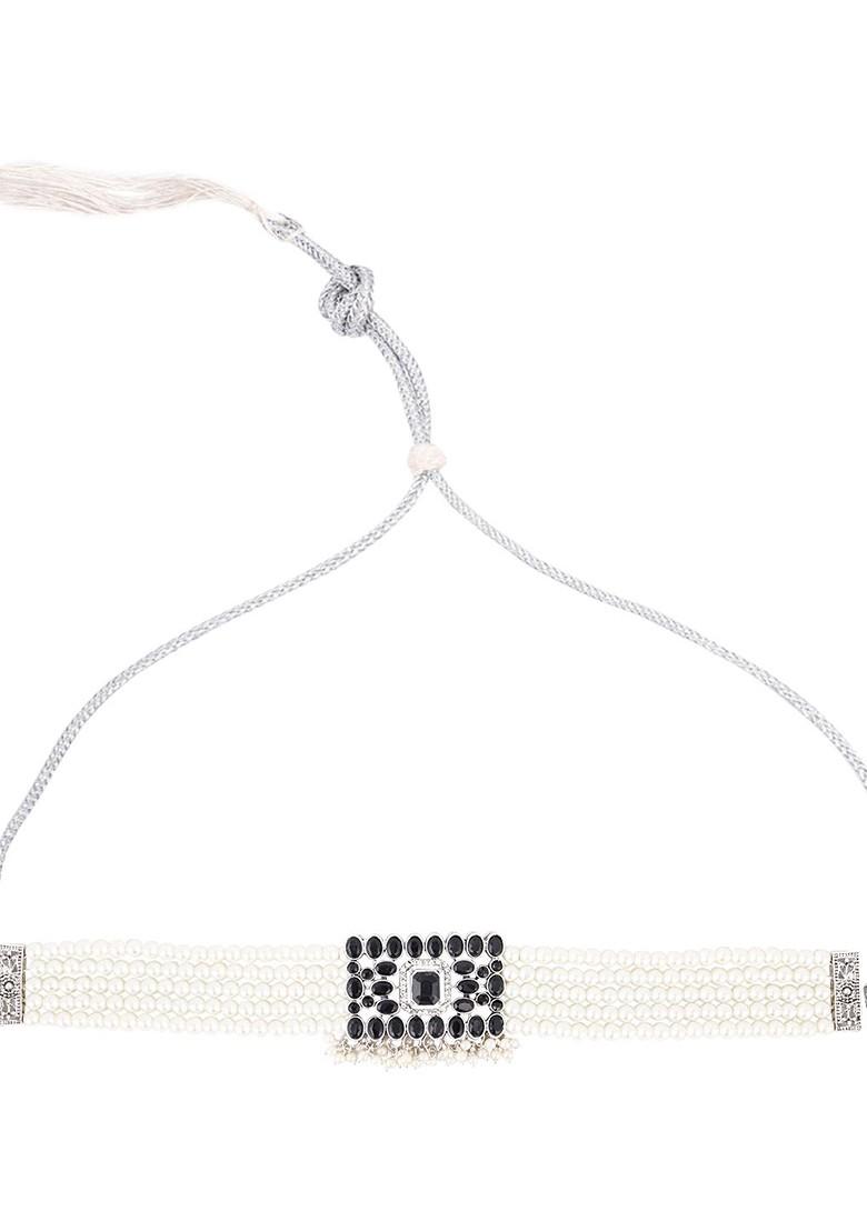 Black Beaded Silver Plated Necklace Set