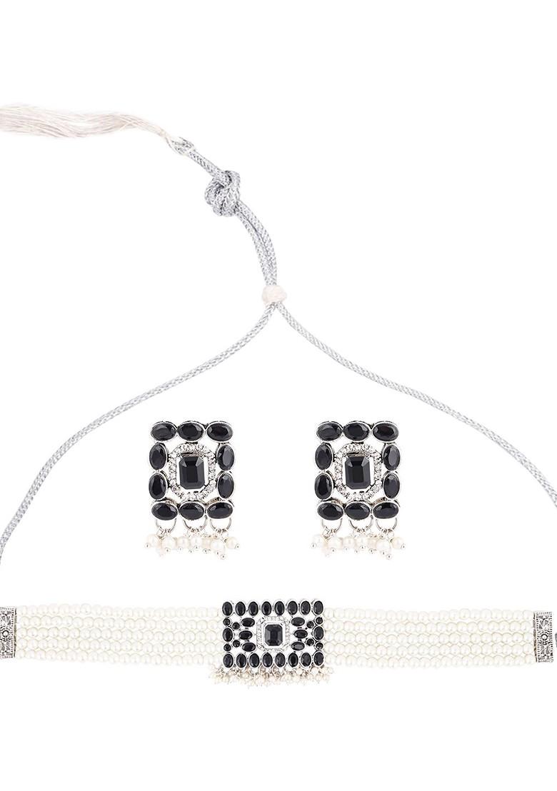 Black Beaded Silver Plated Necklace Set