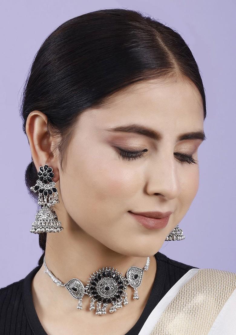 Silver Stone Studded Gold Plated Necklace Set