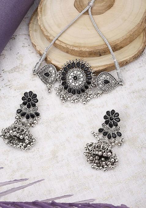 Silver Stone Studded Gold Plated Necklace Set