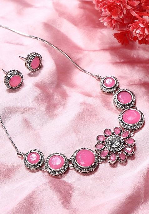 Silver Stone Studded Silver Plated Necklace Set