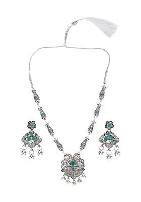 Silver Stone Studded Gold Plated Necklace Set