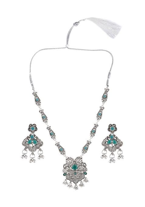 Silver Stone Studded Gold Plated Necklace Set
