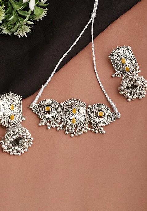 Yellow Stone Studded Gold Plated Necklace Set