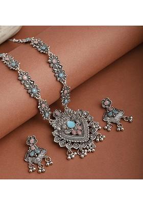 Silver Stone Studded Gold Plated Necklace Set