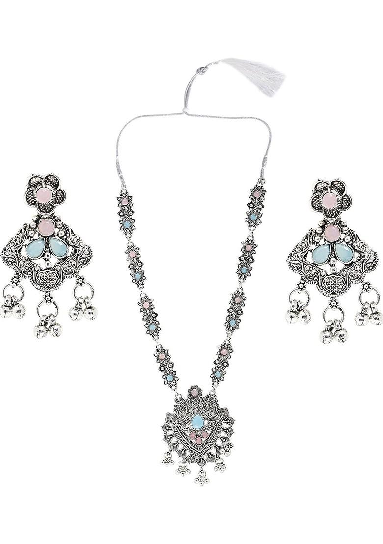 Silver Stone Studded Gold Plated Necklace Set