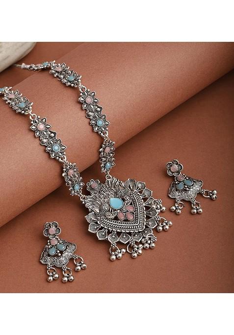 Silver Stone Studded Gold Plated Necklace Set