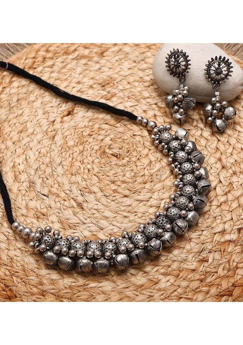Silver Beaded Oxidised Necklace Set