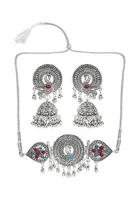 Silver Stone Studded Gold Plated Necklace Set