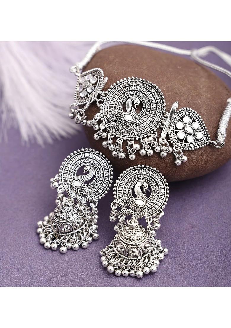 Silver Beaded Oxidised Necklace Set