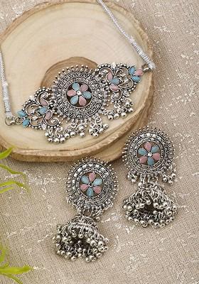 Silver Beaded Oxidised Necklace Set