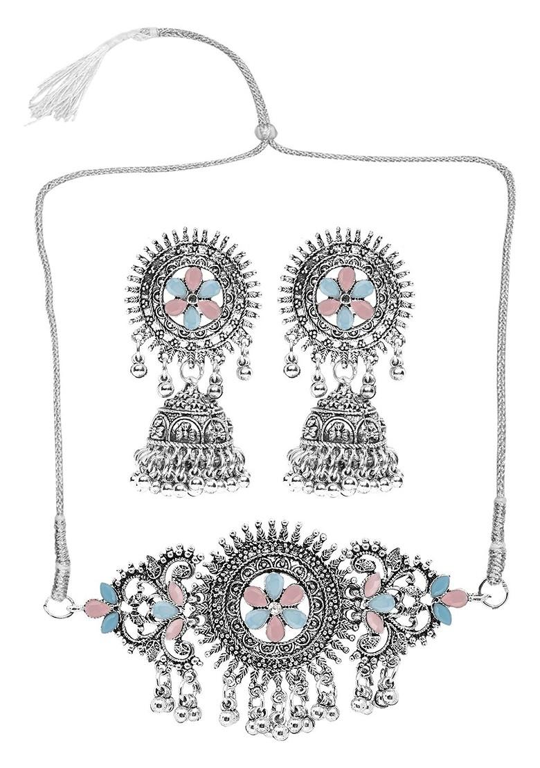 Silver Beaded Oxidised Necklace Set