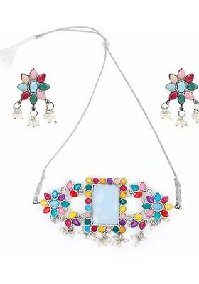 Silver Beaded Oxidised Necklace Set