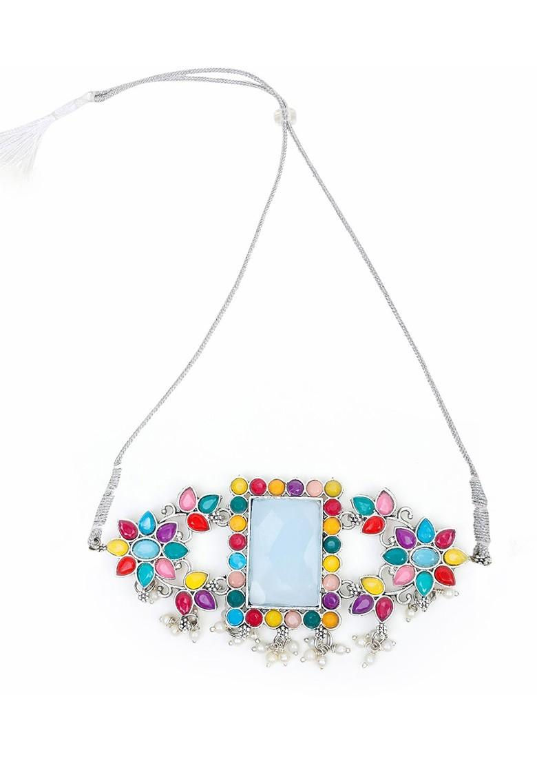 Silver Beaded Oxidised Necklace Set