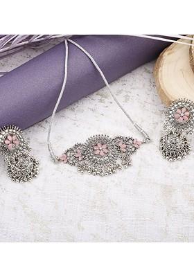 Pink Stone Studded Silver Plated Necklace Set