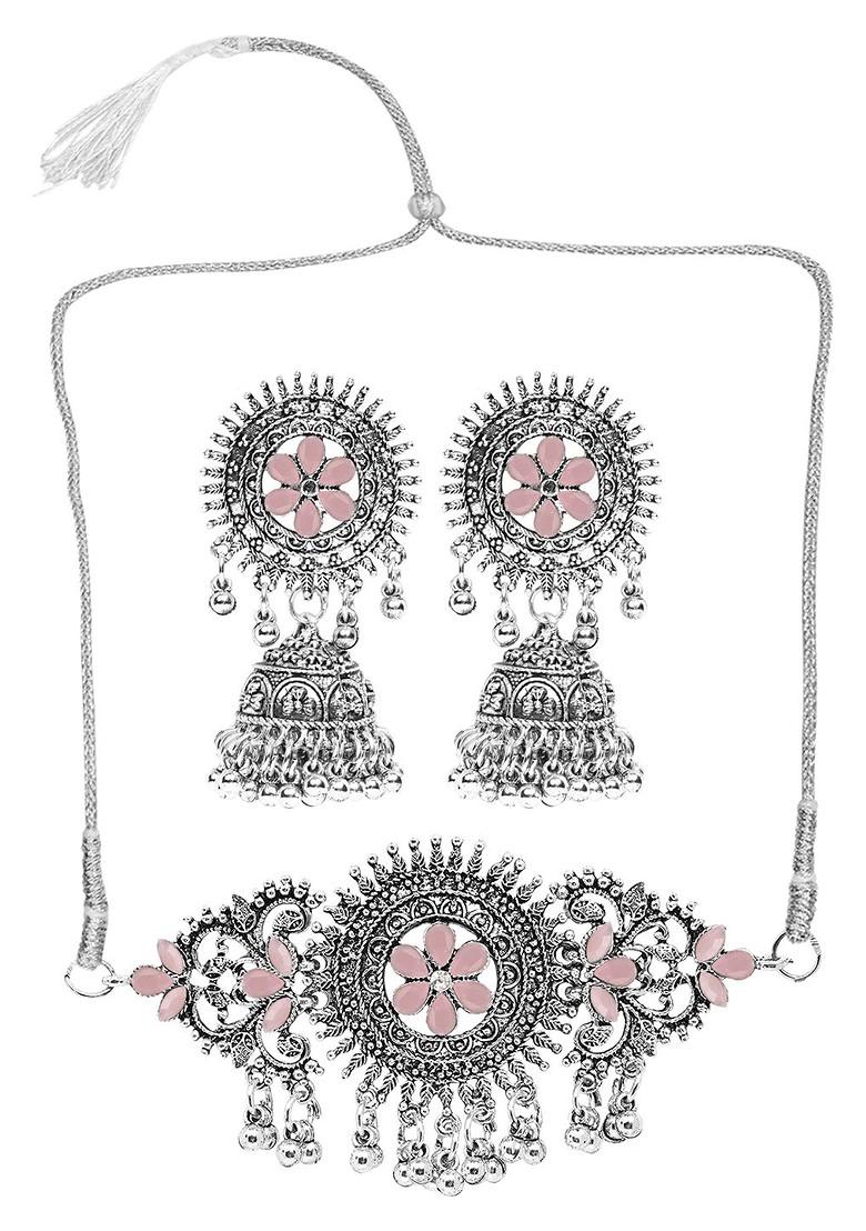 Pink Stone Studded Silver Plated Necklace Set