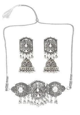 Silver Round Leaf Oxidised Necklace Set