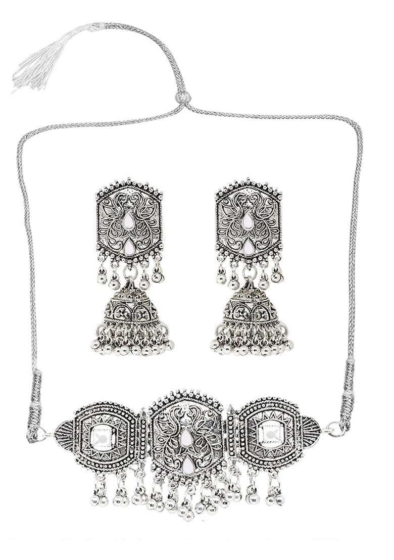 Silver Round Leaf Oxidised Necklace Set - Indya