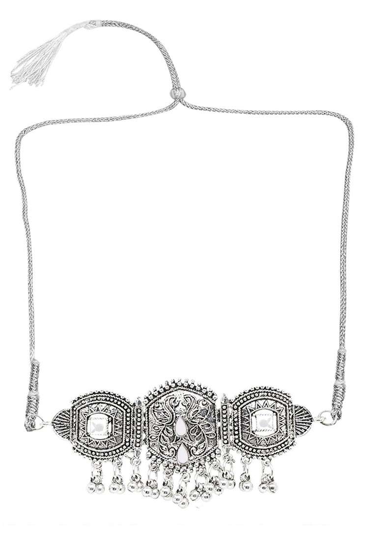 Silver Round Leaf Oxidised Necklace Set - Indya