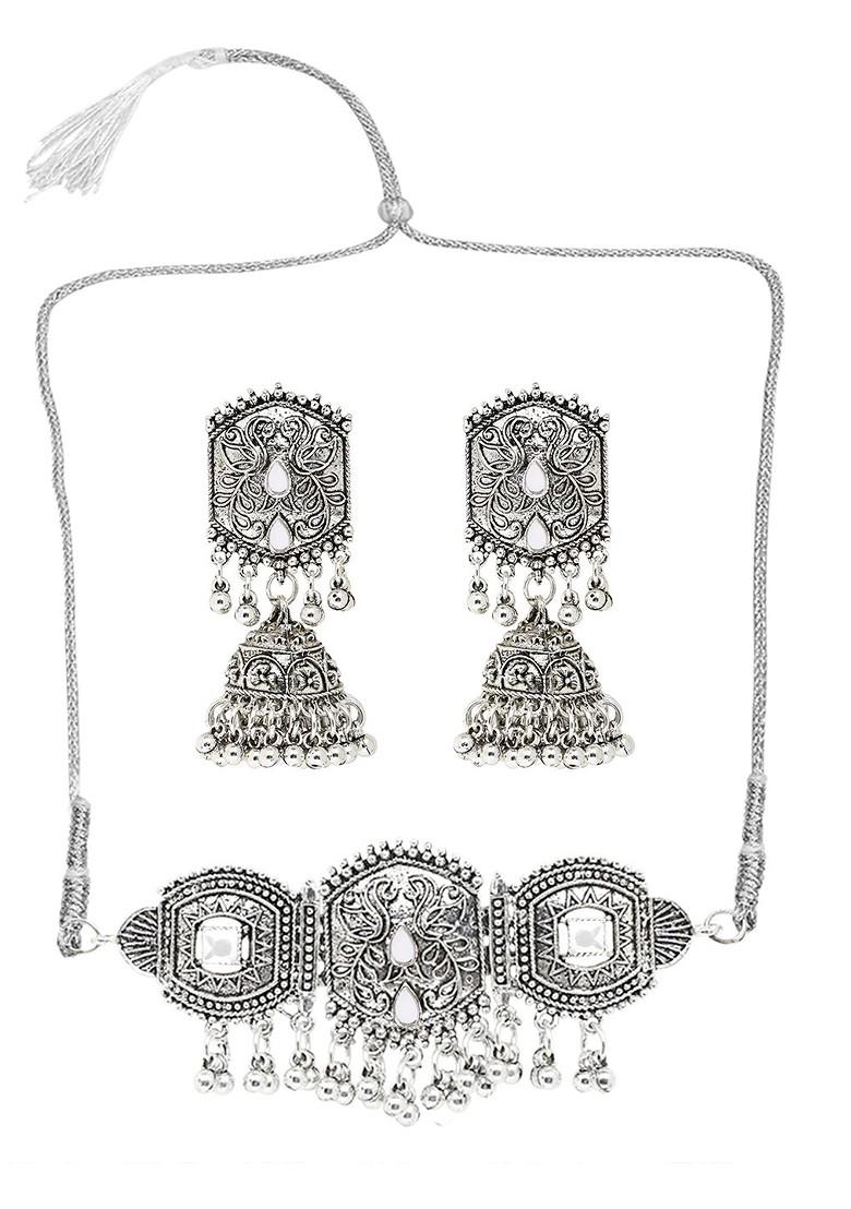 Silver Round Leaf Oxidised Necklace Set