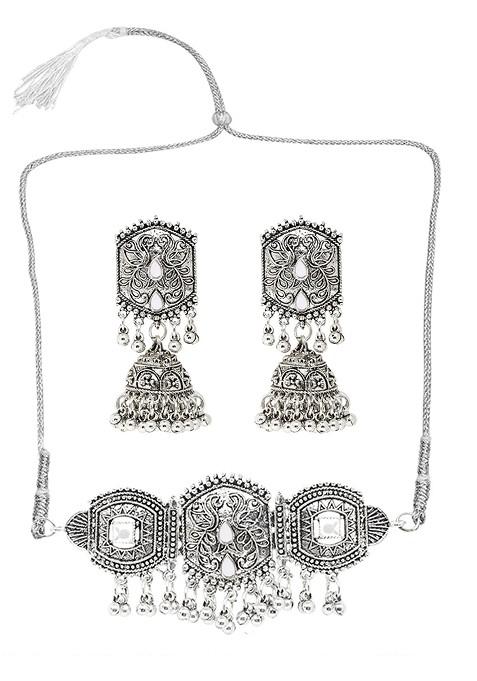 Silver Round Leaf Oxidised Necklace Set