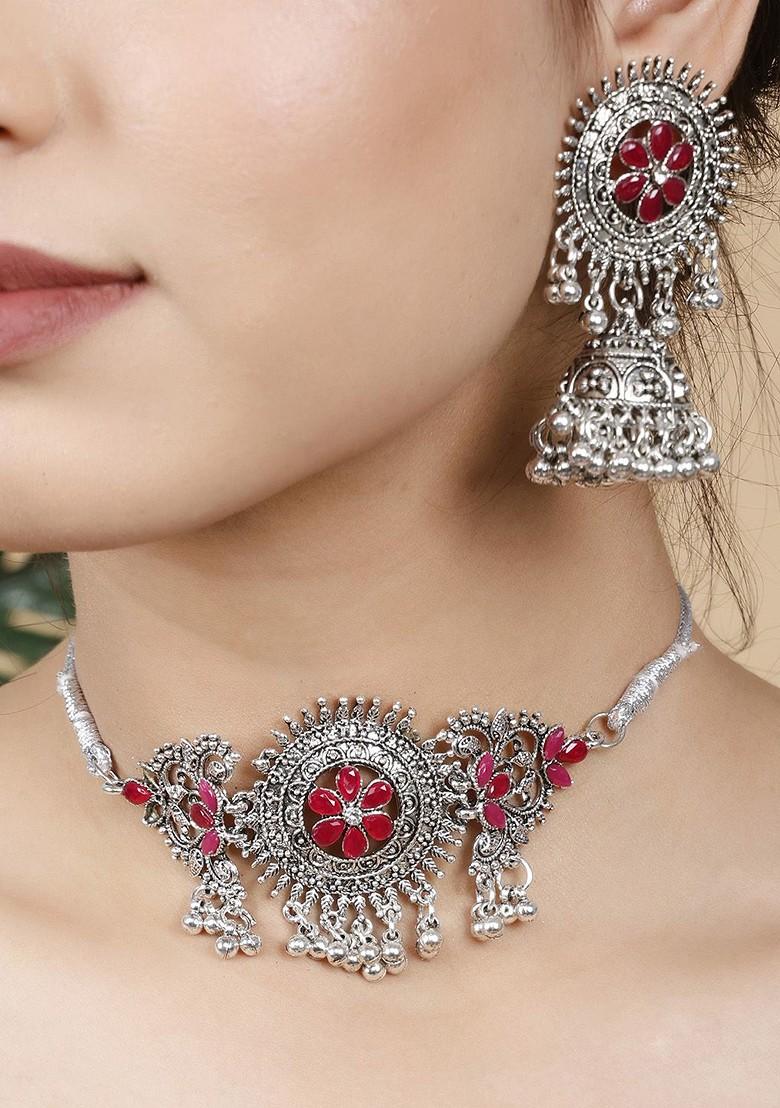 Silver Stone Studded Gold Plated Necklace Set