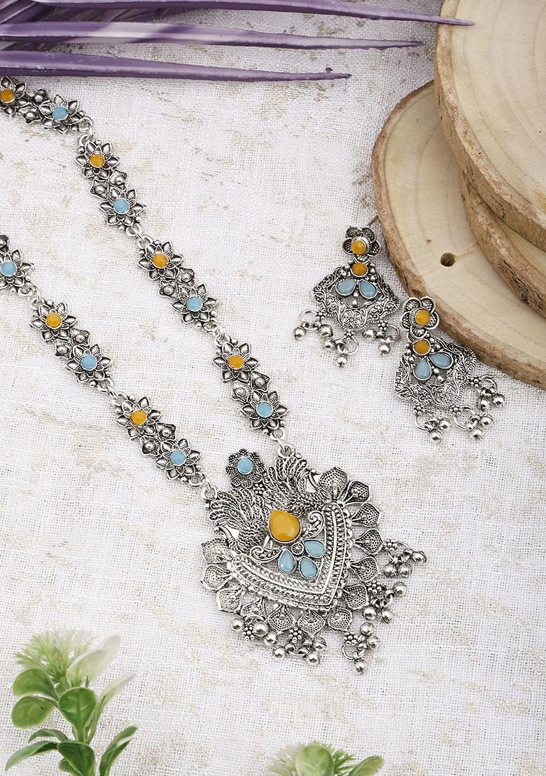 Silver Stone Studded Gold Plated Necklace Set