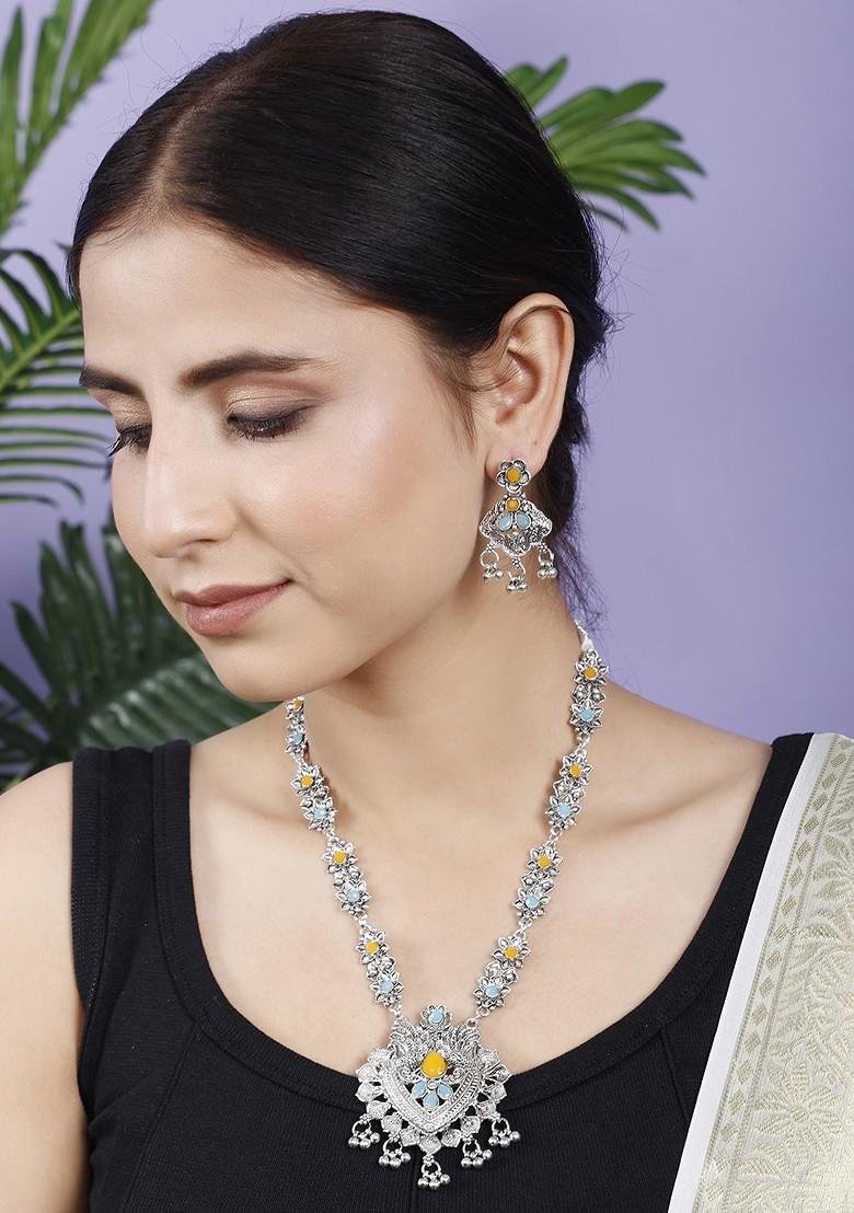 Silver Stone Studded Gold Plated Necklace Set