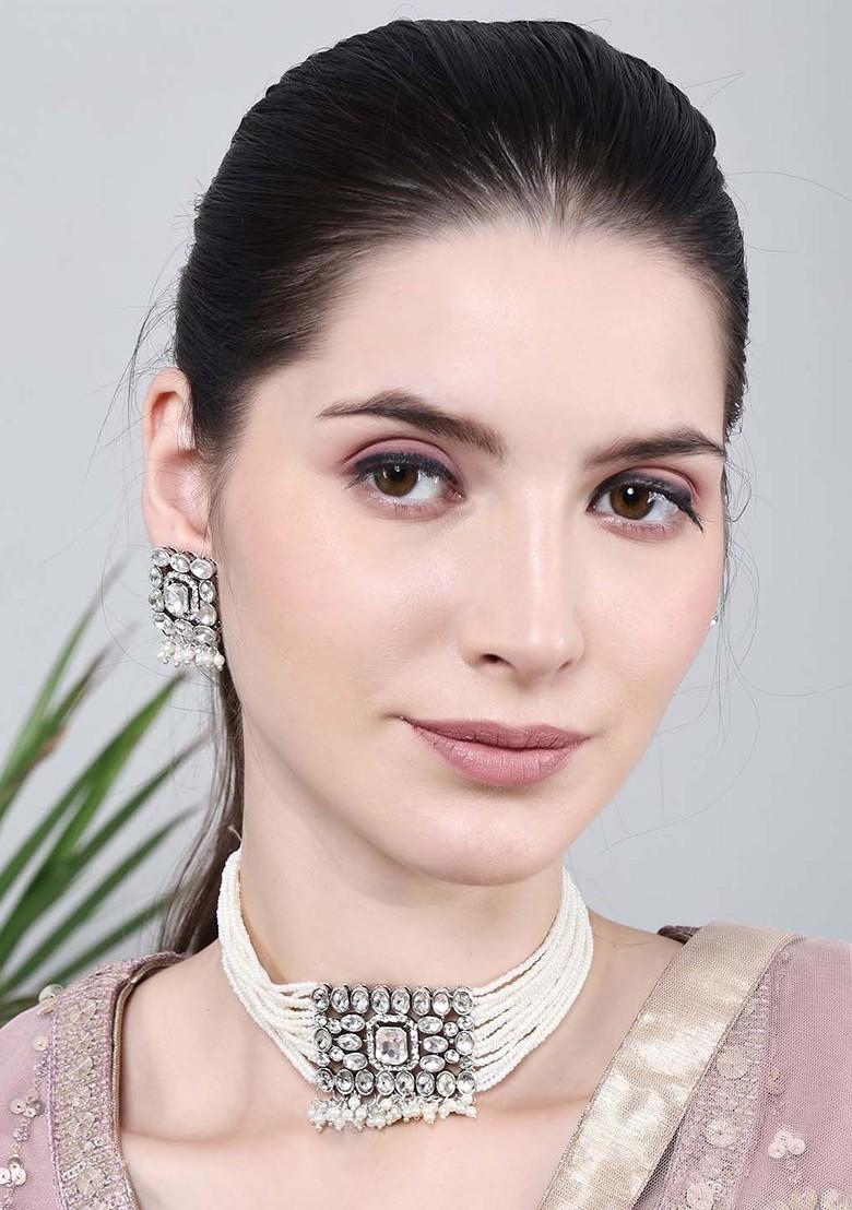 Silver Stone Studded Silver Plated Necklace Set