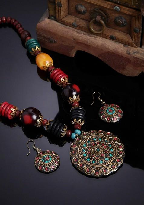 Gold Beaded Gold Plated Necklace Set