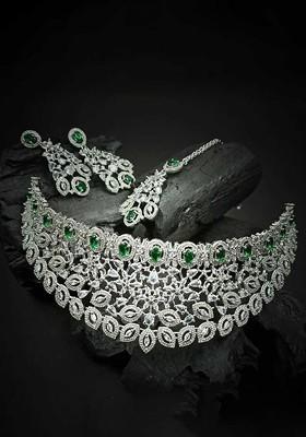 Silver Stone Studded Rhodium Plated Necklace Set