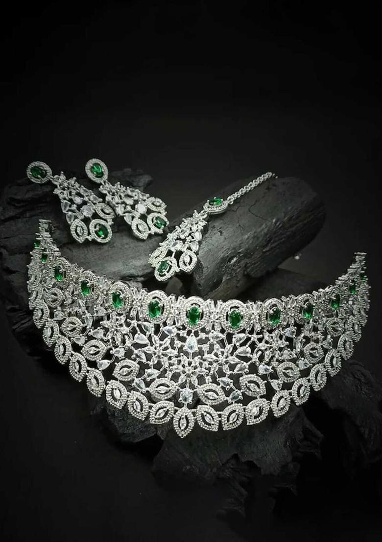 Silver Stone Studded Rhodium Plated Necklace Set