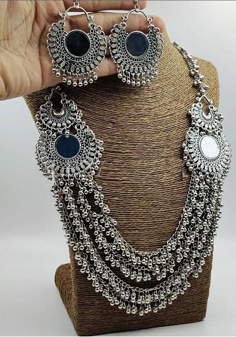 Silver Mirror Studded Silver Plated Necklace Set