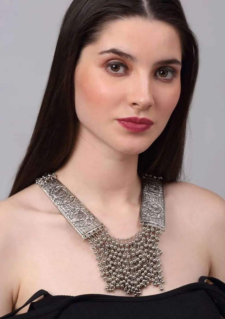 Silver Beaded Gold Plated Necklace Set - Indya