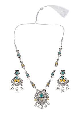 Silver Beaded Oxidised Necklace Set