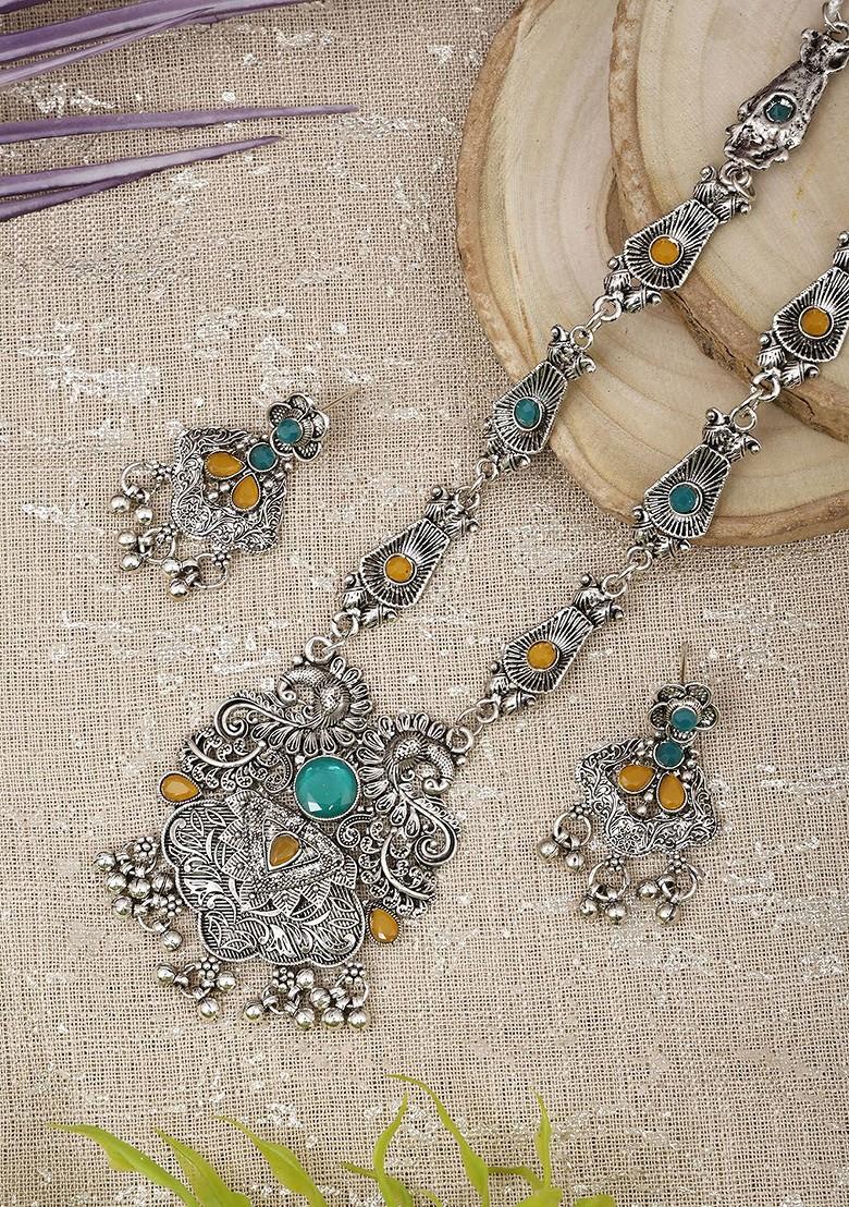 Silver Beaded Oxidised Necklace Set