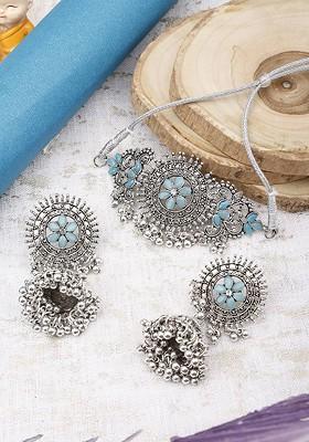 Silver Stone Studded Gold Plated Necklace Set