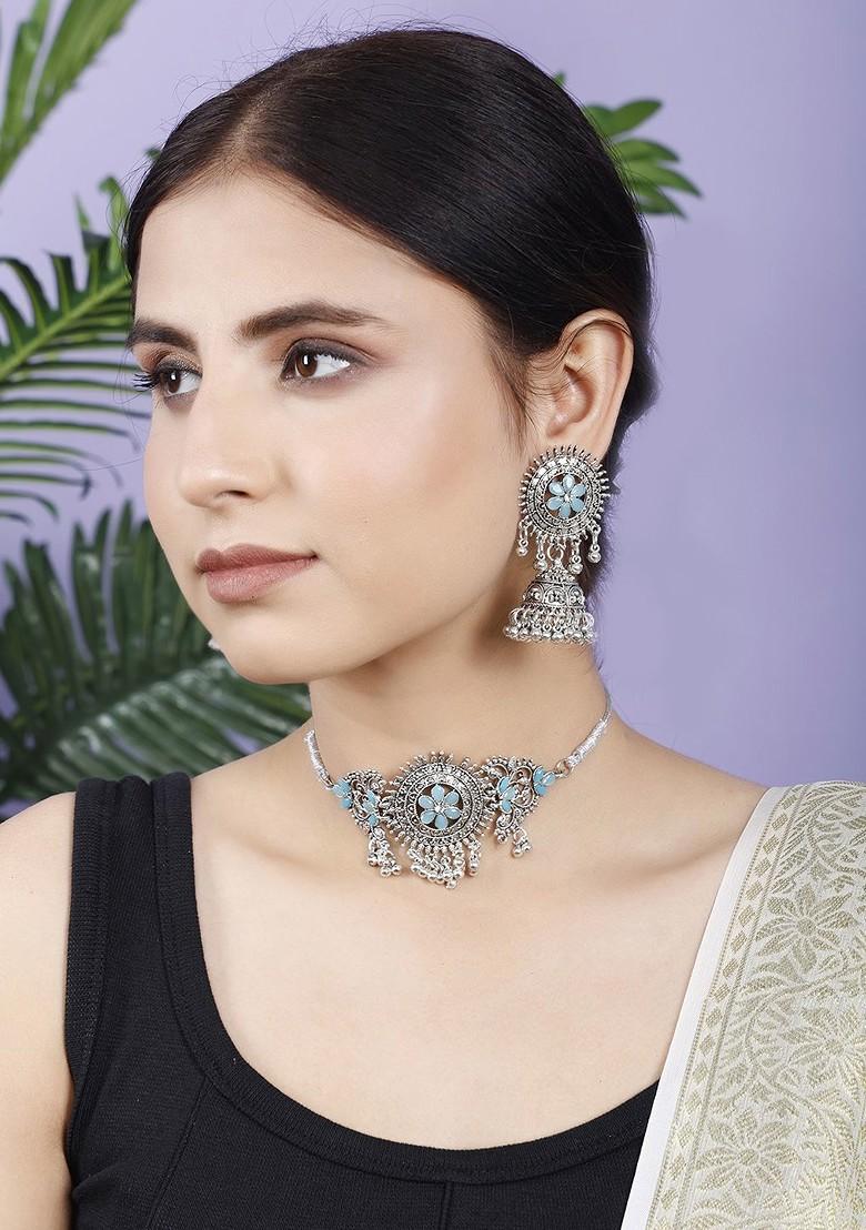 Silver Stone Studded Gold Plated Necklace Set