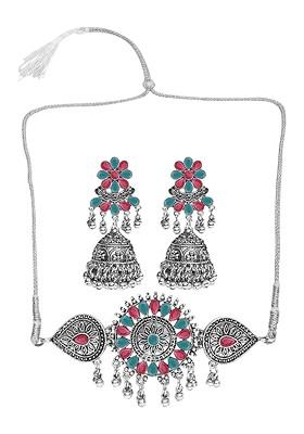 Silver Stone Studded Gold Plated Necklace Set