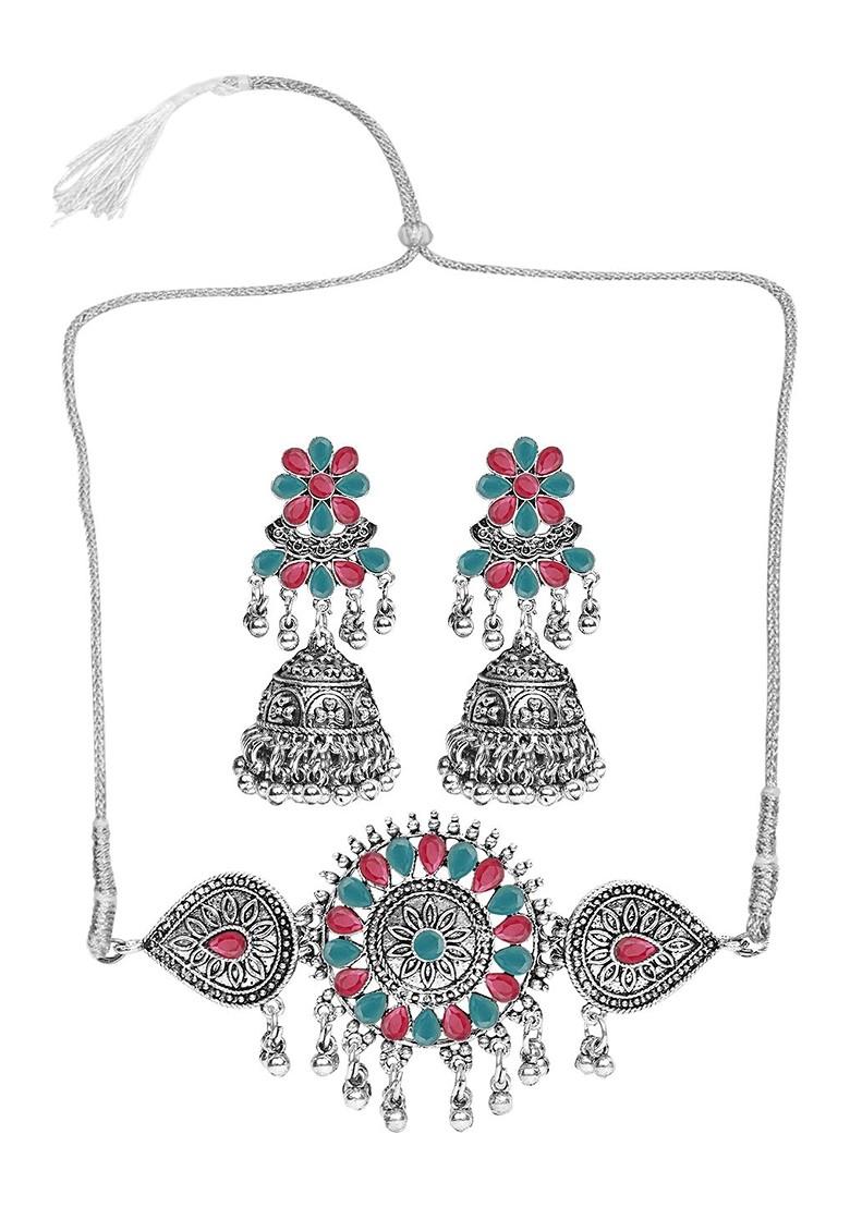 Silver Stone Studded Gold Plated Necklace Set