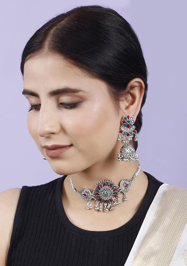 Silver Stone Studded Gold Plated Necklace Set