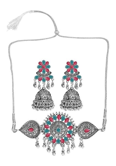 Silver Stone Studded Gold Plated Necklace Set