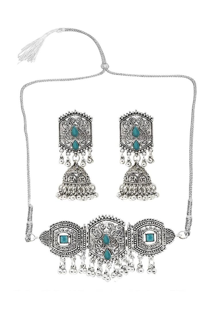 Silver Stone Studded Gold Plated Necklace Set