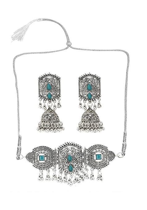 Silver Stone Studded Gold Plated Necklace Set