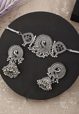 Silver Beaded Oxidised Necklace Set