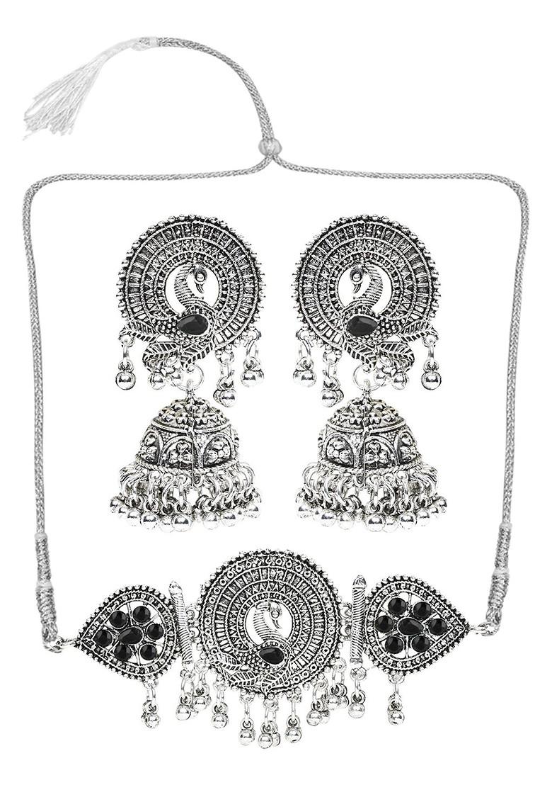 Silver Beaded Oxidised Necklace Set