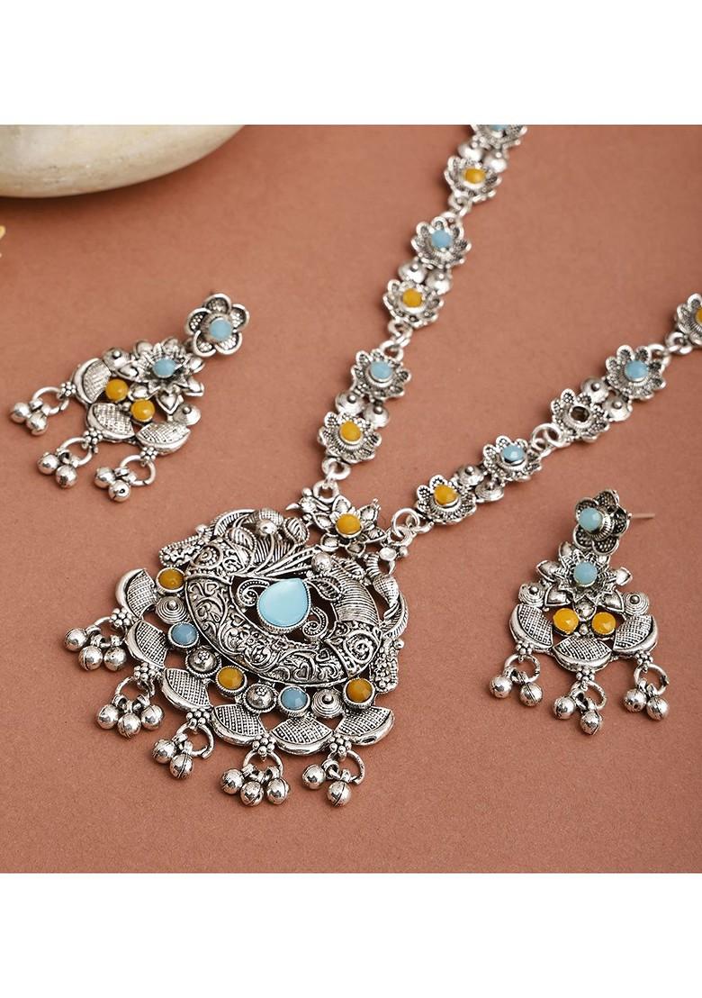 Silver Stone Studded Silver Plated Necklace Set