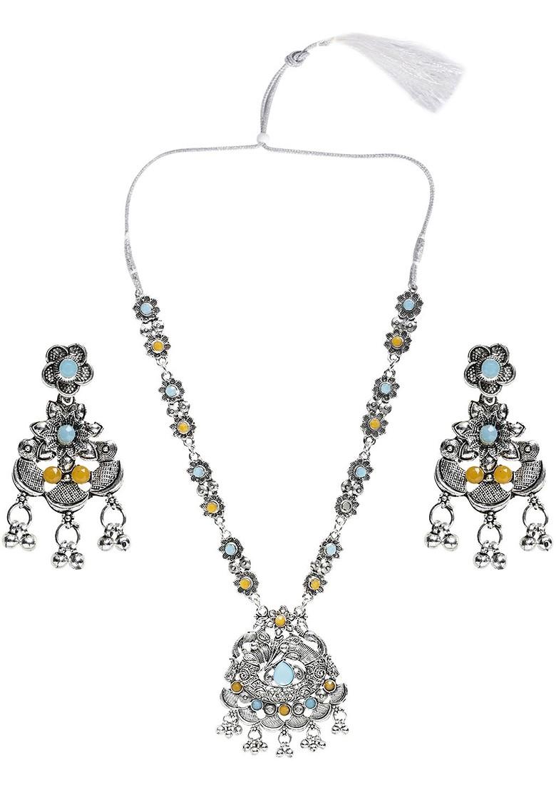 Silver Stone Studded Silver Plated Necklace Set